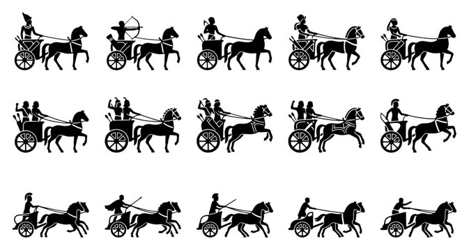 Ancient Egyptian chariot silhouettes, set of 15 black vector icons. Pharaoh war chariots with horses and archers. Antique military transportation graphics.
