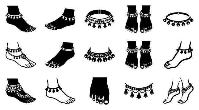 Traditional Indian anklet icons set, ethnic payal jewelry on feet vector illustrations, black and white foot ornament collection for fashion design