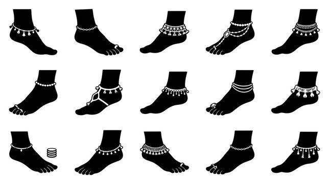 Traditional Indian anklet jewelry icons, set of 15 black silhouette feet with payal ornaments, ethnic bridal foot accessories vector collection
