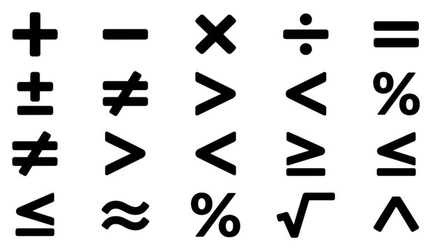 Mathematical symbols vector set, black arithmetic icons on white background, 20 basic math signs for education and science, minimalist calculation elements