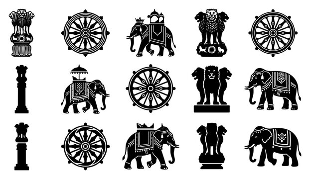 Indian national symbols vector set, black silhouette icons of Ashoka Chakra and Lion Capital, traditional decorated elephant illustrations