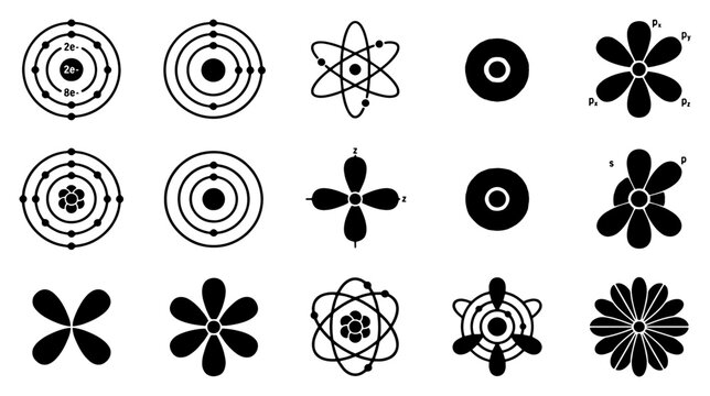 Atomic structure and orbital model icons, set of 15 scientific atom diagrams, quantum physics and chemistry vector elements for education
