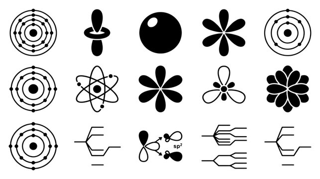 Scientific atom model icons set, 15 chemistry and physics vector elements, atomic structure and molecular orbital diagrams for education