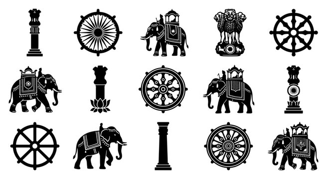 Indian cultural icons set, traditional elephant silhouettes and dharma wheel symbols, 15 black vector elements for heritage and travel design