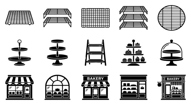 Bakery display icons set, 15 black vector elements of pastry shop shelves and cake stands, retail store storefront and cooling rack collection