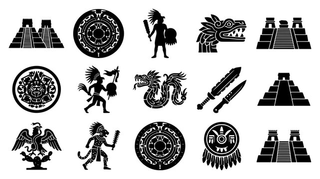 Aztec and Mayan civilization icons, ancient Mexican culture symbols set, black silhouette tribal warriors and pyramids, 15 vector elements for history design