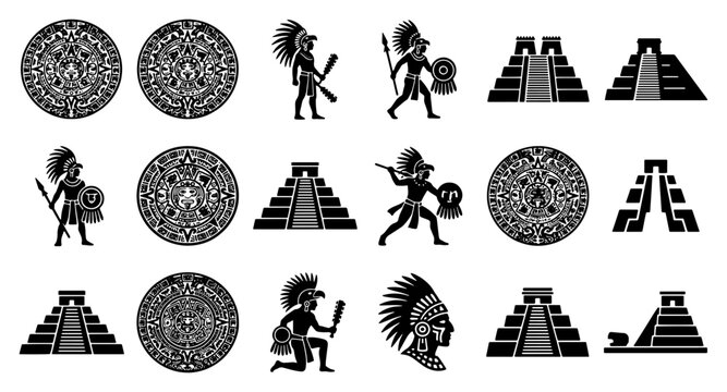 Ancient Mayan Aztec civilization icons, 15 black vector elements of warriors and pyramids, tribal sun calendar and mesoamerican temple symbols