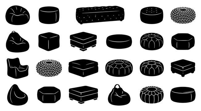 Modern pouf and ottoman silhouette icons, black bean bag and footstool furniture set, 23 interior decor vector elements for home catalog