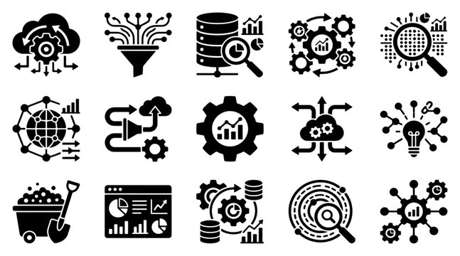 Data mining and analytics icon set, 15 black solid vector symbols for cloud computing and business intelligence, big data processing and database management