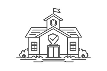 Fototapeta premium School building line icon with flag, shield and check mark, symbol of education safety, campus security and protected learning vector isolated on transparent background