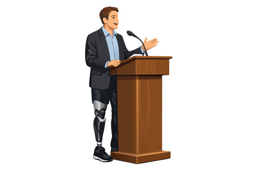 Confident man with prosthetic leg speaking at podium with microphone, disability inclusion, motivation and public presentation concept vector isolated on transparent background.
