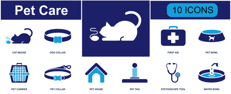 Pet care icon set. Containing dog, cat, pet grooming, veterinary clinic, pet food, leash, animal healthcare and more. Solid fill vector icons collection.