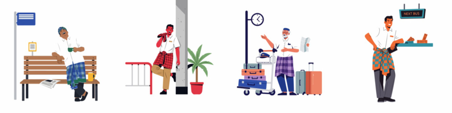 Diverse set of Southeast Asian men wearing traditional sarongs in various daily and travel scenarios like bus stops, airport stations, and ticket counters.