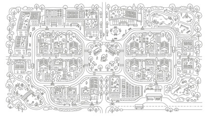 Obraz premium Sustainable Eco City Map Coloring Page: Modern Green Neighborhood with Solar Panels, Rooftop Gardens, and Urban Agriculture Line Art Illustration
