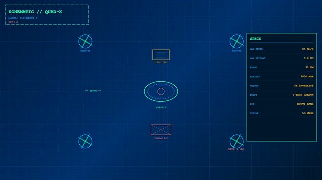 Complex Drone Delivery Network interface featuring glowing blue schematic panels. Shows aeronautical data specs and multi-directional sensor mapping for advanced cargo transport flight.