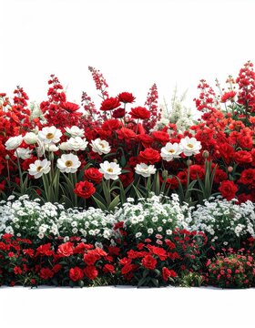 A vibrant tapestry of red and white blossoms arranged in a dense garden bed