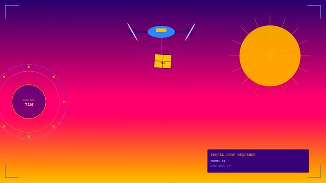 Innovative Drone Delivery Network logistics systems depicted in a stylized digital sequence. Demonstrates automated aerial package transit and tactical landing across simulated flight conditions.
