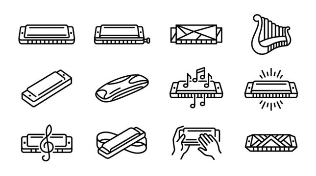 Collection of Harmonica Illustrations and Musical Symbols.
