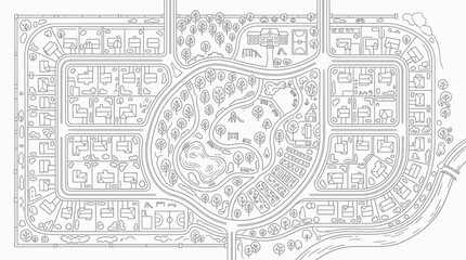 Obraz premium Suburban Neighborhood Map Coloring Page - Top-Down View Line Art Illustration of a Community Layout with Houses, Parks, and Schools