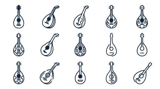 Collection of Mandolin Musical Instruments Hand Drawn Style.