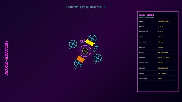 Drone Delivery Network schematic displaying technical specifications for autonomous aerial logistics. Expands the visual perspective via a series of animated digital technical diagrams.