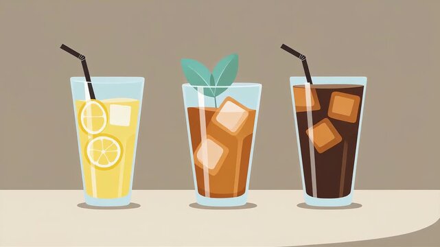 Three refreshing cold beverages including yellow lemonade iced tea and dark cola served in tall glasses with black straws and ice cubes moving in a smooth animated loop video sequence