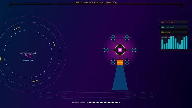 A digital Drone Delivery Network visualization tracks rapid package transit metrics through a stylized interface displaying real time flight altitude speed and battery status data points