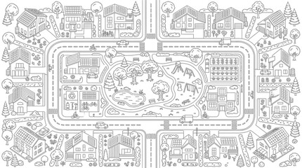 Obraz premium Sustainable Eco-Friendly Neighborhood Coloring Page Illustration with Solar Panel Houses, Park, Community Garden, and Green Urban Planning