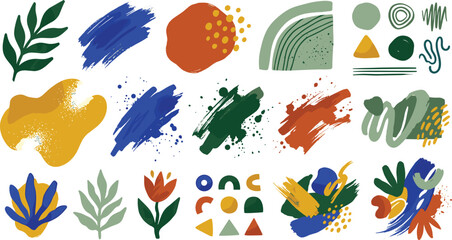 Obraz premium Abstract Botanical Shapes and Colorful Paint Brush Elements Modern Vector Design Collection