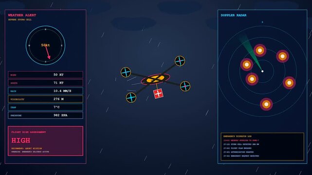 A digital Drone Delivery Network interface displays complex flight telemetry and severe weather alert data while autonomous quadcopters navigate through dangerous storm conditions in real time