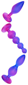 adult sex toys, anal plugs, butt plugs and silicone beads isolated on transparent background. 3d render, colourful matte glass material in red, pink and purple. Sexshop products, intimate accessory.
