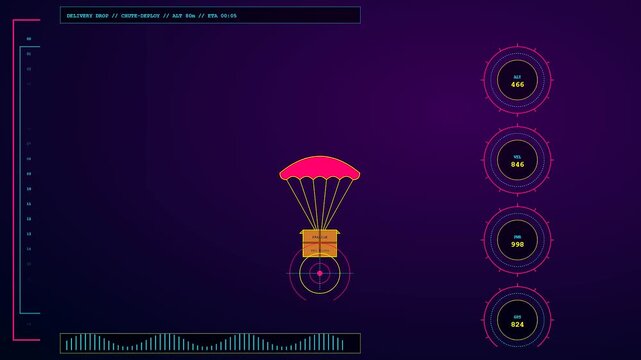 A high speed Drone Delivery Network tracks a cargo shipment descending from the atmosphere toward a precise target landing zone in this complex digital interface visualization