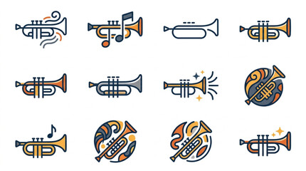 Collection of stylized trumpet and french horn musical instrument icons. © Gerda