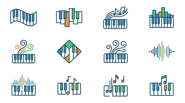 Collection of stylized piano keyboard icons with musical notes.