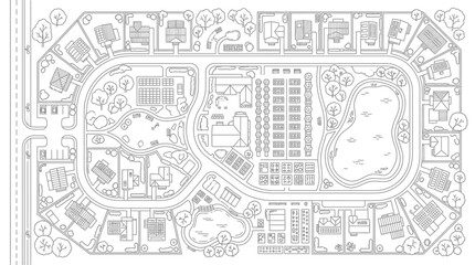 Obraz premium Top-Down Suburban Neighborhood Master Plan Coloring Page - Line Art Illustration of a Sustainable Residential Community Layout with Houses, Parks, and Ponds