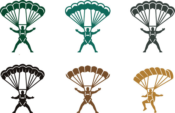 Set of 6 airborne logos featuring paratrooper silhouettes with deployed parachutes in teal, black, brown, and gold colorways.
