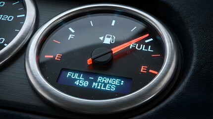 Fototapeta premium Car fuel gauge showing full tank with range display on modern dashboard at night. Generative AI