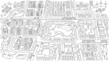 Obraz premium Sustainable Smart City Map Illustration with Green Energy and Eco-Friendly Urban Planning Line Art