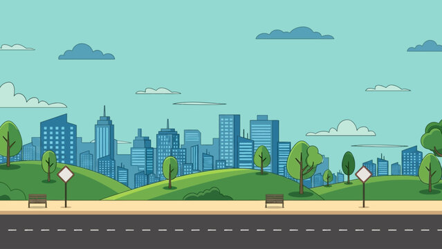 main street vector cityscape with trees and benches on a sunny day