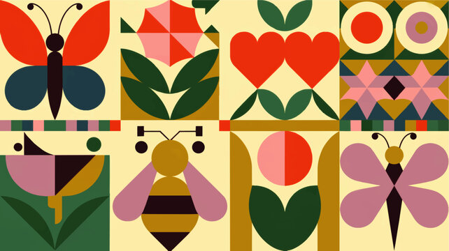 Mid century modern geometric nature pattern with butterflies bees flowers and hearts in retro colorful abstract blocks