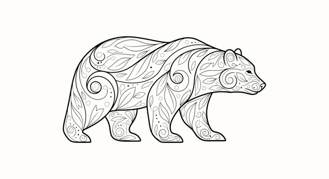Intricate floral pattern bear vector illustration. Black and white outline animal design, perfect for coloring books, decorative art, nature-themed projects.