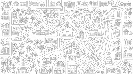 Fototapeta premium Hand Drawn Town Map Coloring Page with Houses, Parks, and River; Whimsical City Landscape Line Art Illustration