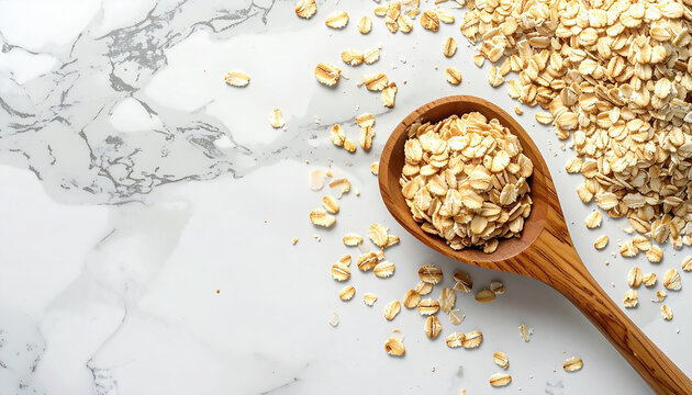 Organic Oatmeal Scattered on White Marble Surface with Wooden Spoon, Natural Skincare Ingredient Flat Lay with Copy Space