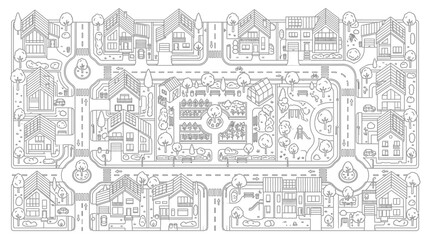 Obraz premium Sustainable Neighborhood Coloring Page with Solar Panel Houses, Parks and Community Gardens in Aerial Top-Down View Line Art