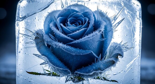 Frozen blue rose encased in ice with frosty petals and sharp icicles cold winter scene