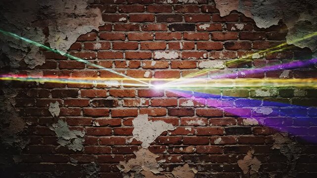 Rainbow light beam striking a distressed brick wall creating a prism effect.
