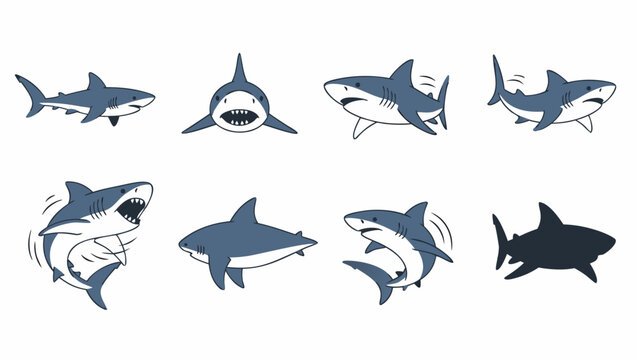 Collection of cartoon sharks in various poses and expressions on a white background