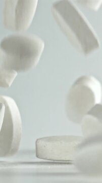 White tablets leap and tumble across cool metal plane, dramatic Filmed on a high-speed camera at 1000 fps.