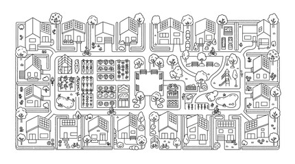 Obraz premium Sustainable Eco-Village Line Art Illustration featuring Solar Powered Houses, Community Gardens, and Green Urban Planning for Coloring Book