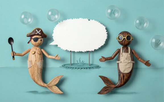 Wooden pirate and merman chat with speech bubble handprints floating